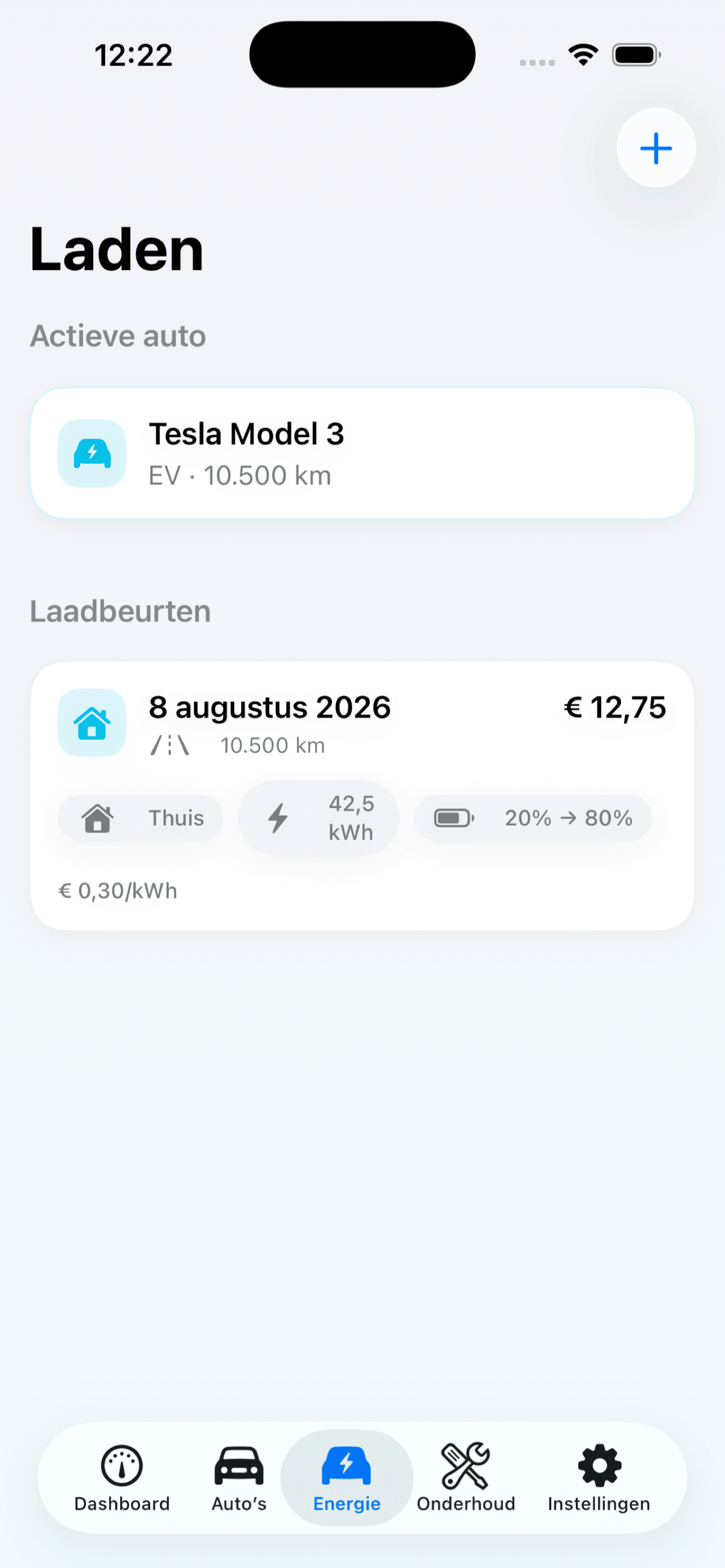 Het energie-overzicht voor tanken en laden in AutoKas