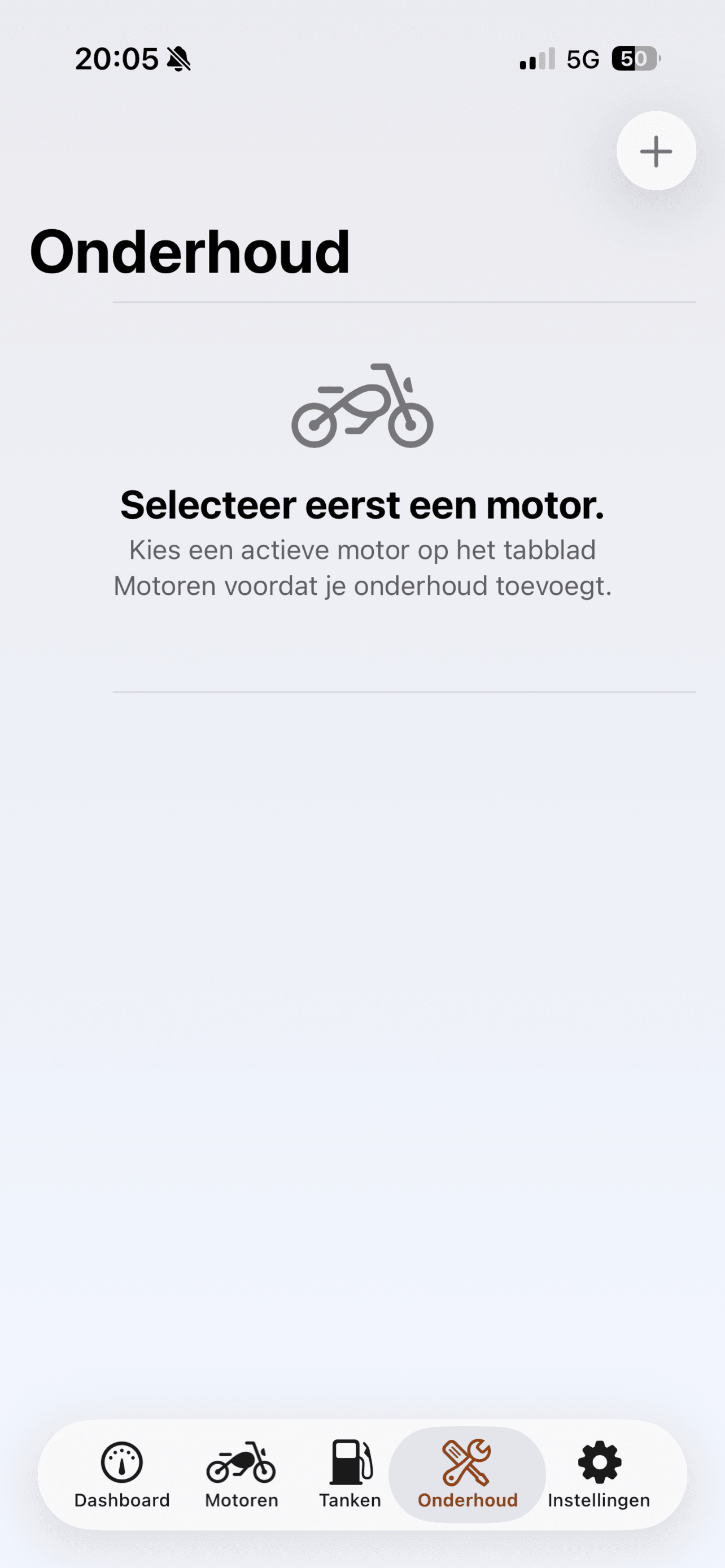 Het onderhoudsscherm in MotoKas met uitleg om een motor te selecteren