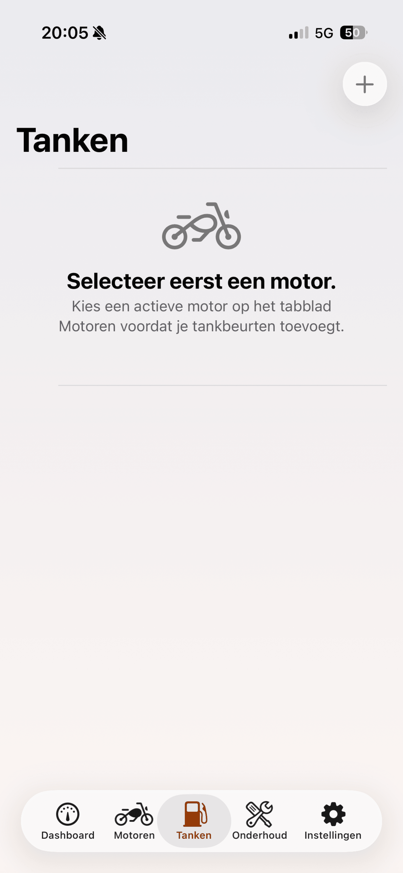 Het tankenscherm in MotoKas met uitleg om eerst een motor te selecteren
