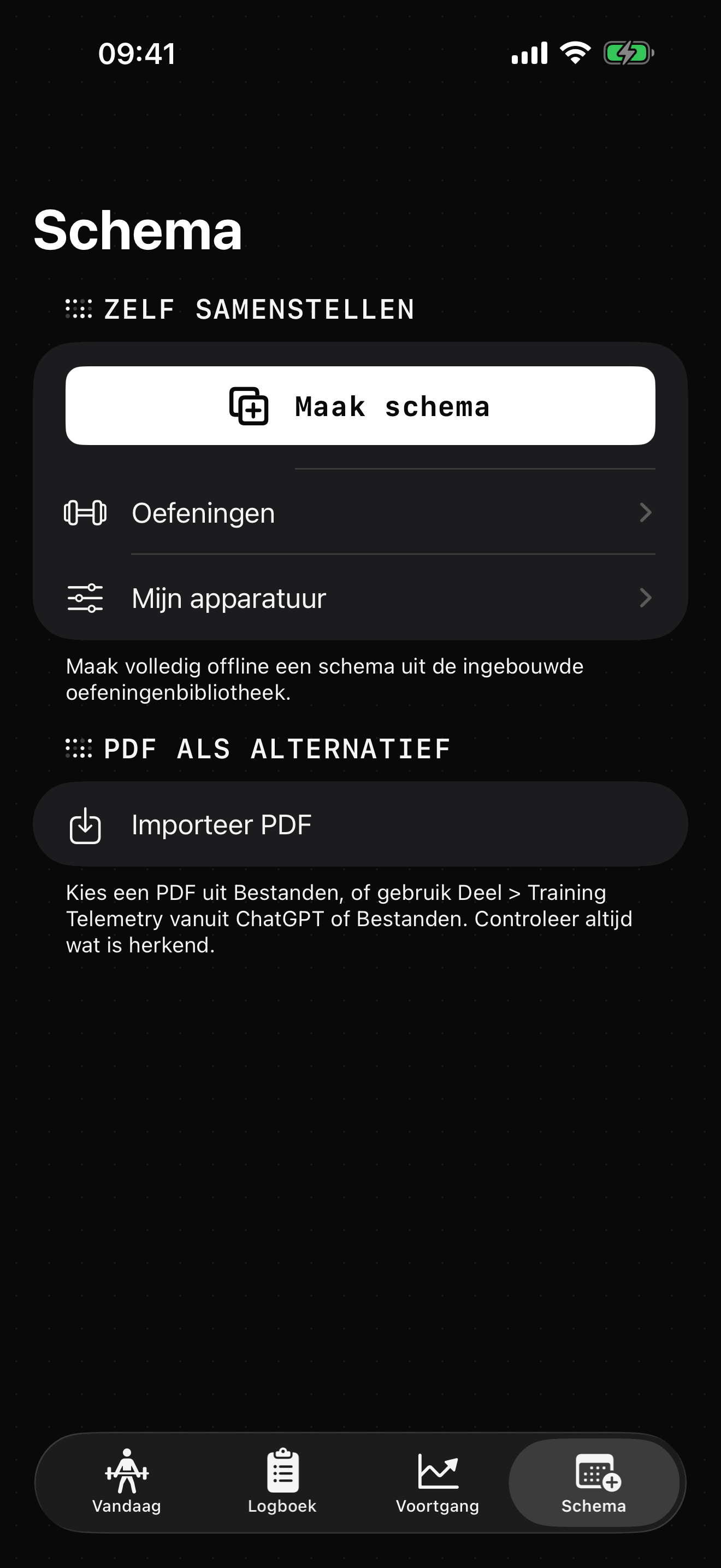 Training Telemetry-scherm Schema met lokale schemabouw en PDF-import
