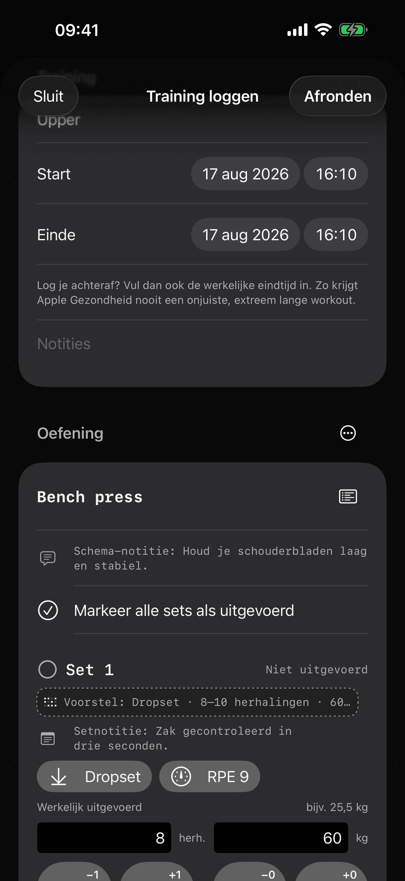 Training Telemetry-workouteditor met settype, RPE, herhalingen en gewicht